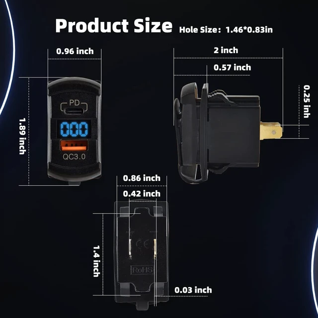 Alt view image 2 of 7 - USB Rocker Switch USB C Charger Socket with Waterproof Cover Dual PD and QC3.0 12V/24V Blue Led Voltmeter for Rocker Type Marine Switch Panel On Marine Rv Vehicles