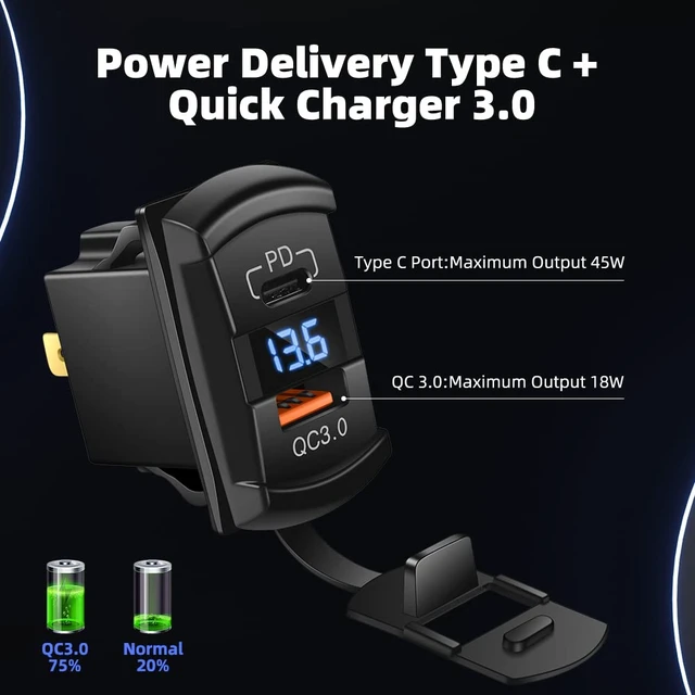 Alt view image 3 of 7 - USB Rocker Switch USB C Charger Socket with Waterproof Cover Dual PD and QC3.0 12V/24V Blue Led Voltmeter for Rocker Type Marine Switch Panel On Marine Rv Vehicles
