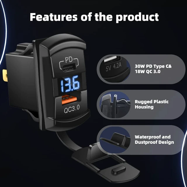 Alt view image 6 of 7 - USB Rocker Switch USB C Charger Socket with Waterproof Cover Dual PD and QC3.0 12V/24V Blue Led Voltmeter for Rocker Type Marine Switch Panel On Marine Rv Vehicles