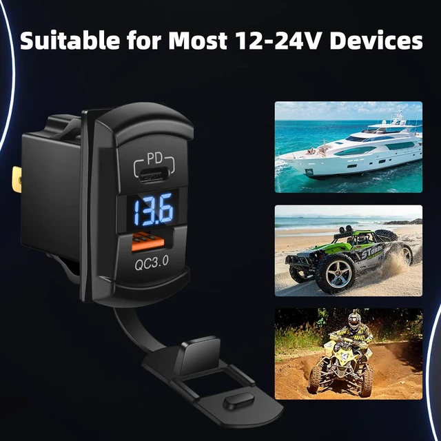 Alt view image 7 of 7 - USB Rocker Switch USB C Charger Socket with Waterproof Cover Dual PD and QC3.0 12V/24V Blue Led Voltmeter for Rocker Type Marine Switch Panel On Marine Rv Vehicles