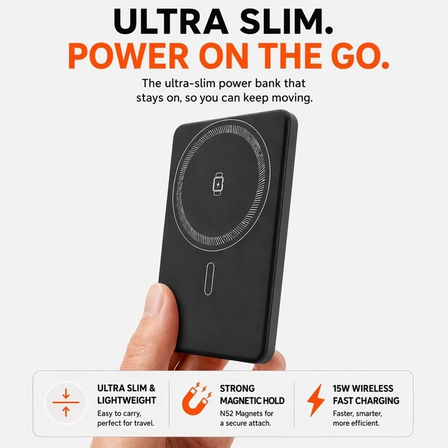 Alt view image 5 of 7 - Magnetic Portable Charger, 5000mAh Wireless Power Bank for MagSafe | 15W Wireless, 20W Wired Charging, Slim Aluminum Alloy Frame, Lanyard Cable & Foldable Stand, for iPhone 17 Air/16/15/14/13/12