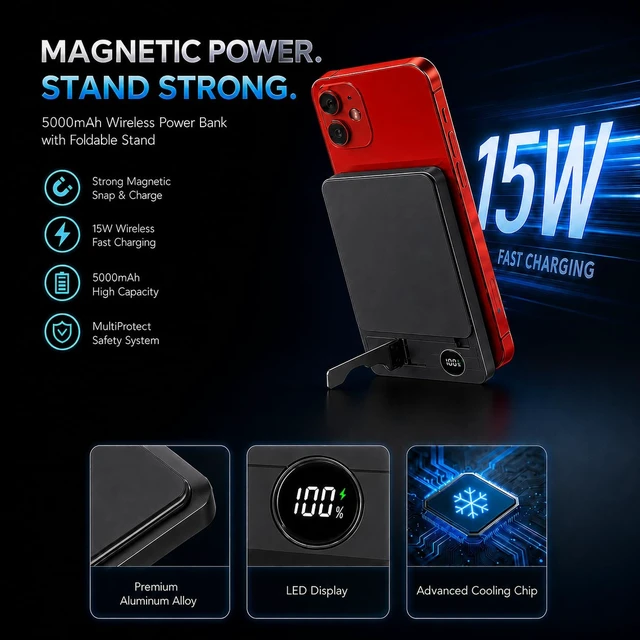 Alt view image 3 of 7 - Magnetic Portable Charger, 5000mAh Wireless Power Bank for MagSafe | 15W Wireless, 20W Wired Charging, Slim Aluminum Alloy Frame, Lanyard Cable & Foldable Stand, for iPhone 17 Air/16/15/14/13/12