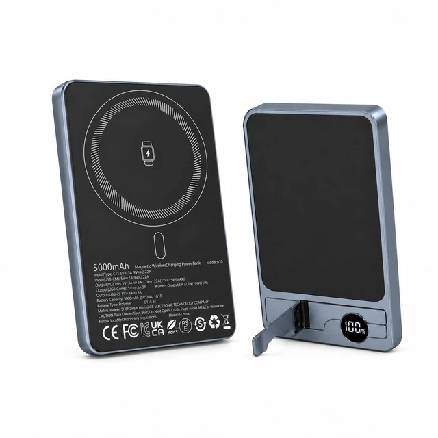 Main image of Magnetic Portable Charger, 5000mAh Wireless Power Bank for MagSafe | 15W Wireless, 20W Wired Charging, Slim Aluminum Alloy Frame, Lanyard Cable & Foldable Stand, for iPhone 17 Air/16/15/14/13/12