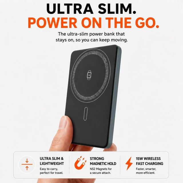 Alt view image 5 of 7 - Magnetic Portable Charger, 5000mAh Wireless Power Bank for MagSafe | 15W Wireless, 20W Wired Charging, Slim Aluminum Alloy Frame, Lanyard Cable & Foldable Stand, for iPhone 17 Air/16/15/14/13/12