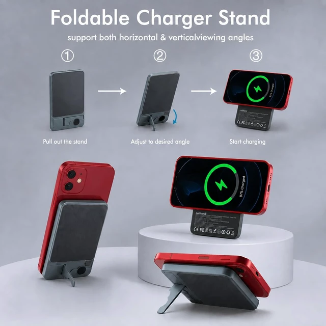 Alt view image 6 of 7 - Magnetic Portable Charger, 5000mAh Wireless Power Bank for MagSafe | 15W Wireless, 20W Wired Charging, Slim Aluminum Alloy Frame, Lanyard Cable & Foldable Stand, for iPhone 17 Air/16/15/14/13/12