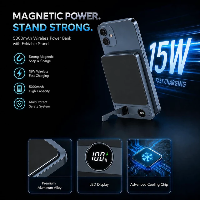 Alt view image 3 of 7 - Magnetic Portable Charger, 5000mAh Wireless Power Bank for MagSafe | 15W Wireless, 20W Wired Charging, Slim Aluminum Alloy Frame, Lanyard Cable & Foldable Stand, for iPhone 17 Air/16/15/14/13/12