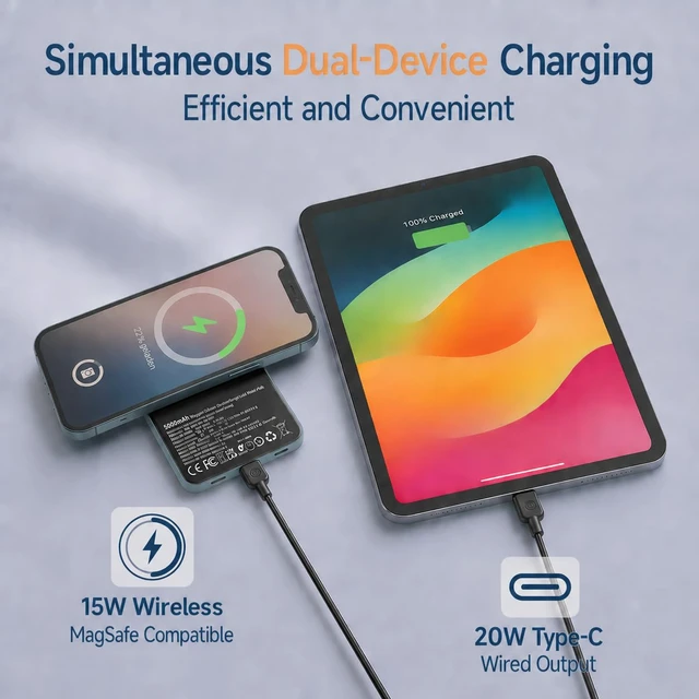 Alt view image 4 of 7 - Magnetic Portable Charger, 5000mAh Wireless Power Bank for MagSafe | 15W Wireless, 20W Wired Charging, Slim Aluminum Alloy Frame, Lanyard Cable & Foldable Stand, for iPhone 17 Air/16/15/14/13/12