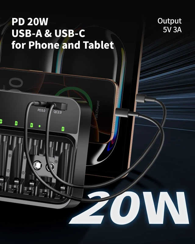 Alt view image 2 of 7 - PD 20W AA AAA 9V Battery Charger for NiMH NiCD Rechargeable Battery | PD3.0 USB C & Micro USB