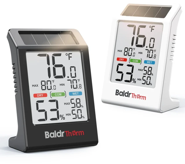 Main image of Room Thermometer Hygrometer 2026 Upgraded, Solar Powered Indoor Temperature and Humidity Monitor with Battery Backup, Improved LCD Display, Max/Min Records, Comfort Indicator, Black and White