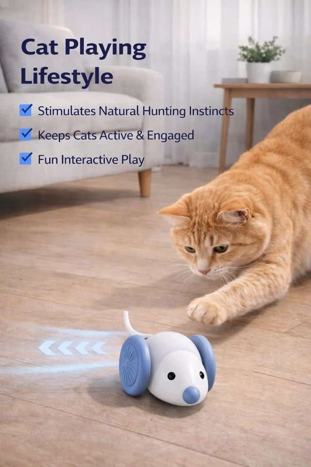 Alt view image 3 of 5 - Interactive Cat Toy Mouse Automatic Moving Cat Toy with LED Tail, Rechargeable Smart Motion Toy for Indoor Cats, Self-Moving Cat Toy with Obstacle Response, USB Charging Cat Toy for Bored Cats