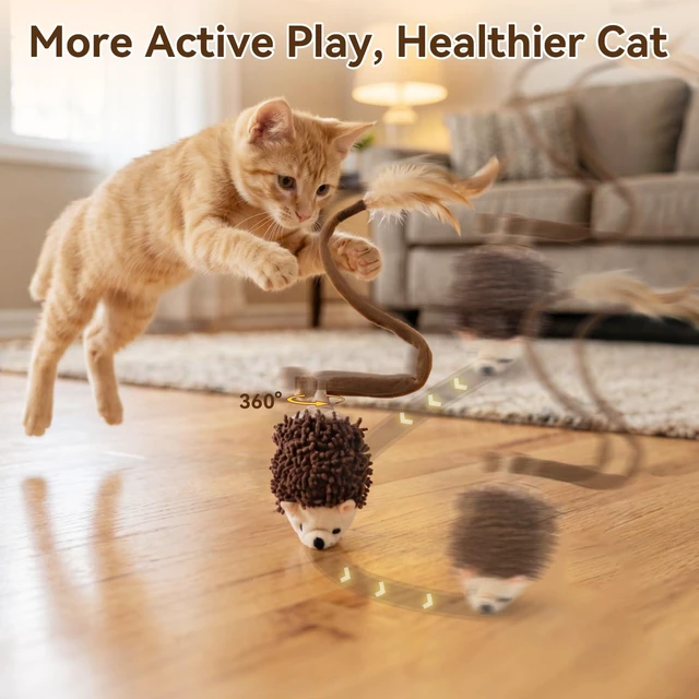 Alt view image 2 of 7 - Interactive Hedgehog Cat Toy 360° Rolling & Spin with Soft Plush Tail for Indoor Cats Smart Motion Sensor, Realistic Squeak, Rechargeable Plush Kitten Toy (Brown)