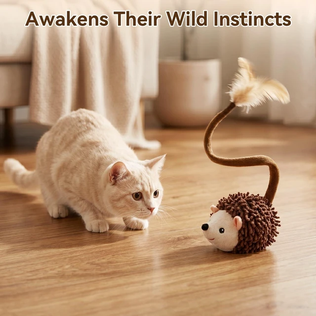 Alt view image 3 of 7 - Interactive Hedgehog Cat Toy 360° Rolling & Spin with Soft Plush Tail for Indoor Cats Smart Motion Sensor, Realistic Squeak, Rechargeable Plush Kitten Toy (Brown)
