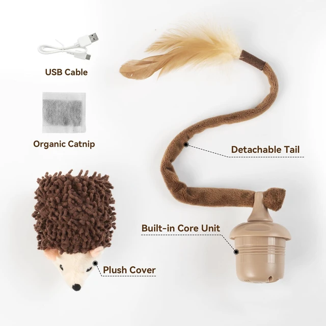 Alt view image 7 of 7 - Interactive Hedgehog Cat Toy 360° Rolling & Spin with Soft Plush Tail for Indoor Cats Smart Motion Sensor, Realistic Squeak, Rechargeable Plush Kitten Toy (Brown)