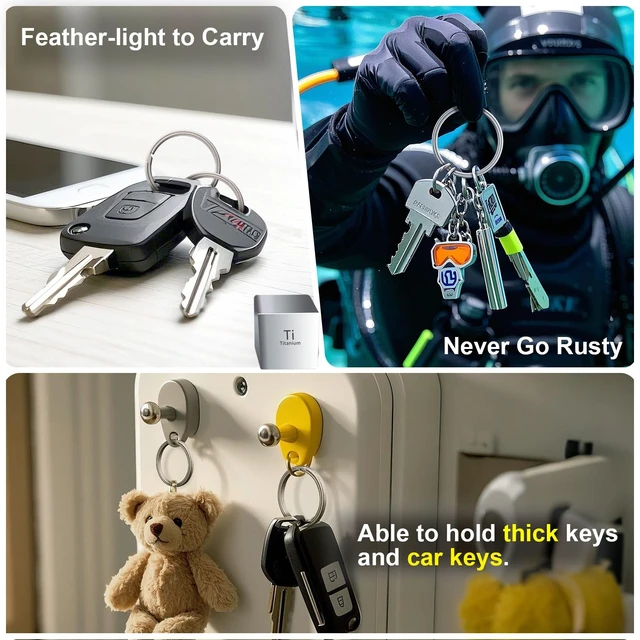 Alt view image 4 of 7 - Titanium Key Rings Heavy Duty Side Push Easy Open Split Keychain Rings | No Nail Damage, Ultra Lightweight Dog Tag Ring, Bulk Keyrings for Car Keys, Hypoallergenic, Never Rusty, EDC Gift for Men
