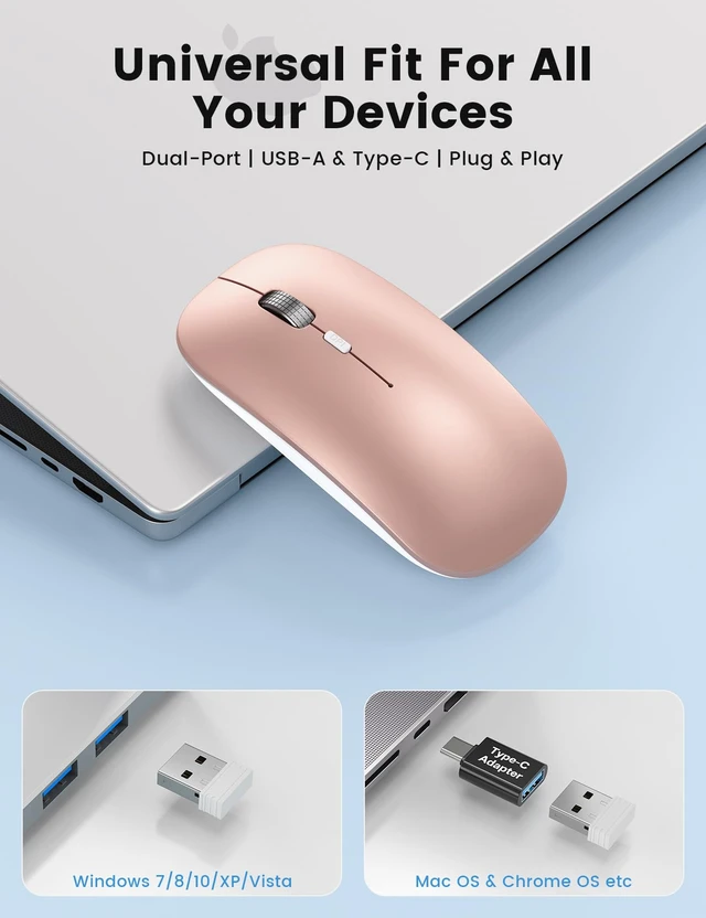 Alt view image 3 of 7 - Mouse for MacBook Wireless Bluetooth Mice Laptop Mac iPad Tri-Mode | Bluetooth 5.2/3.0 and 2.4GHz USB Type-C Adapter, Connect 3 Devices, Silent Click, USB-C Charging, 3 DPI Levels, Rose Gold