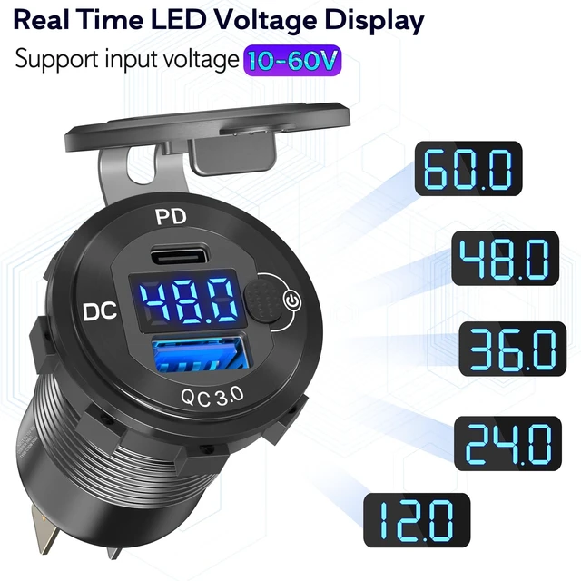 Alt view image 2 of 7 - High Voltage USB Outlet 12V 24V 36V 48V 60V Aluminum Car Charger Socket, PD 30W USB C and QC 36W Car USB Port Waterproof Cigarette Lighter Power Adapter DIY Kit with Button Switch for Ship Truck, etc.