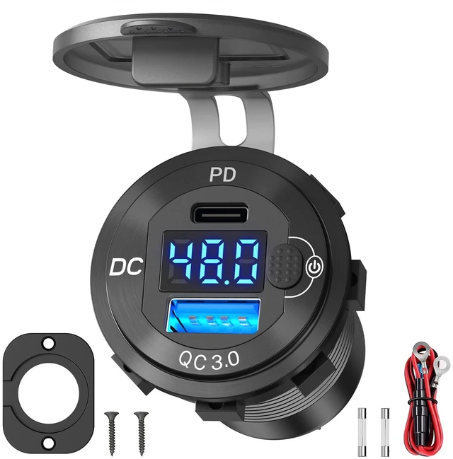 Main image of High Voltage USB Outlet 12V 24V 36V 48V 60V Aluminum Car Charger Socket, PD 30W USB C and QC 36W Car USB Port Waterproof Cigarette Lighter Power Adapter DIY Kit with Button Switch for Ship Truck, etc.