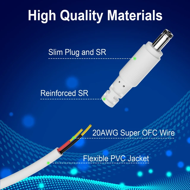 Alt view image 3 of 7 - 2-Pack 25 FT DC Power Extension Cable, IP Camera 12V 5.5mm x 2.1mm, White | with 25 Nails, 20AWG Pure Copper, UV Resistant, for Security CCTV IP, 5V 9V 12V 24V Male to Female Plug Supply Adapter