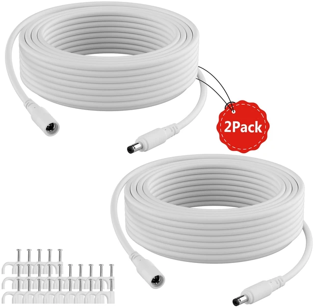 Main image of 2-Pack 25 FT DC Power Extension Cable, IP Camera 12V 5.5mm x 2.1mm, White | with 25 Nails, 20AWG Pure Copper, UV Resistant, for Security CCTV IP, 5V 9V 12V 24V Male to Female Plug Supply Adapter