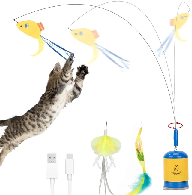 Main image of Interactive Automatic Cat Teaser Wand Toy with Strong Suction Cup, 70cm Flexible Wire & DIY Bending Design, Rechargeable Cat Exercise Toy with Auto Timer for Indoor Cats (Blue)