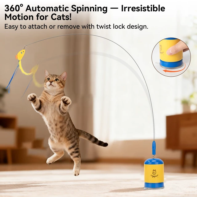 Alt view image 2 of 7 - Interactive Automatic Cat Teaser Wand Toy with Strong Suction Cup, 70cm Flexible Wire & DIY Bending Design, Rechargeable Cat Exercise Toy with Auto Timer for Indoor Cats (Blue)