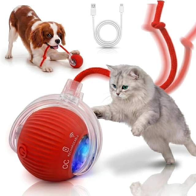 Main image of Interactive Cat Toy Automatic Moving Ball, Indoor Cats, Rechargeable, Red | Self-rolling motion sensor orb with bright LED lights. Keeps indoor cats busy with hands-free solo play while you are out