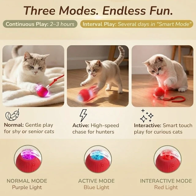Alt view image 4 of 7 - Interactive Cat Toy Automatic Moving Ball, Indoor Cats, Rechargeable, Red | Self-rolling motion sensor orb with bright LED lights. Keeps indoor cats busy with hands-free solo play while you are out