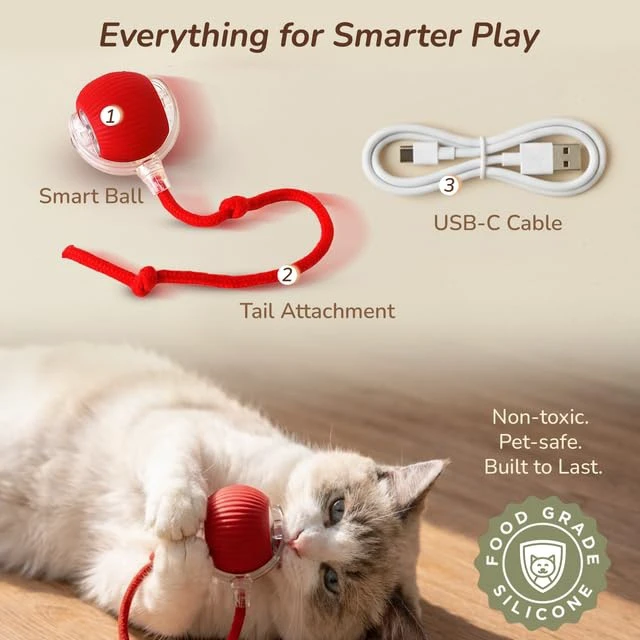 Alt view image 7 of 7 - Interactive Cat Toy Automatic Moving Ball, Indoor Cats, Rechargeable, Red | Self-rolling motion sensor orb with bright LED lights. Keeps indoor cats busy with hands-free solo play while you are out