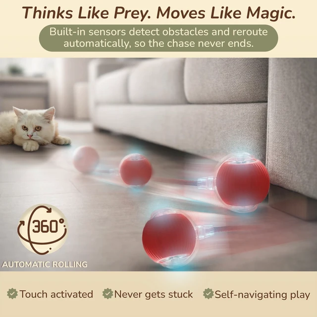 Alt view image 6 of 7 - Interactive Cat Toy Automatic Moving Ball, Indoor Cats, Rechargeable, Red | Self-rolling motion sensor orb with bright LED lights. Keeps indoor cats busy with hands-free solo play while you are out