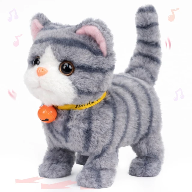 Main image of Walking Gray Tabby Cat Interactive Electronic Pet Plush Kitty Toy with Sounds and Movements Animated Meow Shake Head Wiggle Tail Gifts for Toddlers Birthday, Gray, 7''