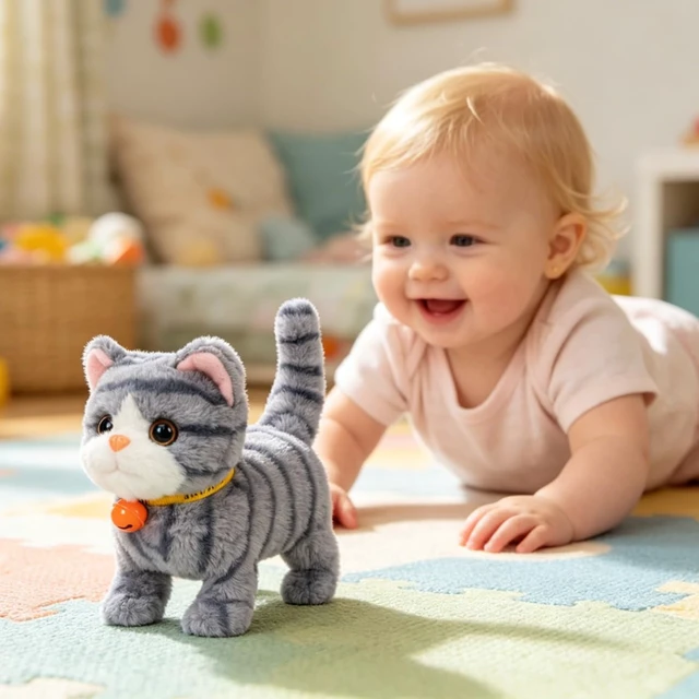 Alt view image 2 of 6 - Walking Gray Tabby Cat Interactive Electronic Pet Plush Kitty Toy with Sounds and Movements Animated Meow Shake Head Wiggle Tail Gifts for Toddlers Birthday, Gray, 7''