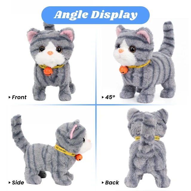 Alt view image 4 of 6 - Walking Gray Tabby Cat Interactive Electronic Pet Plush Kitty Toy with Sounds and Movements Animated Meow Shake Head Wiggle Tail Gifts for Toddlers Birthday, Gray, 7''