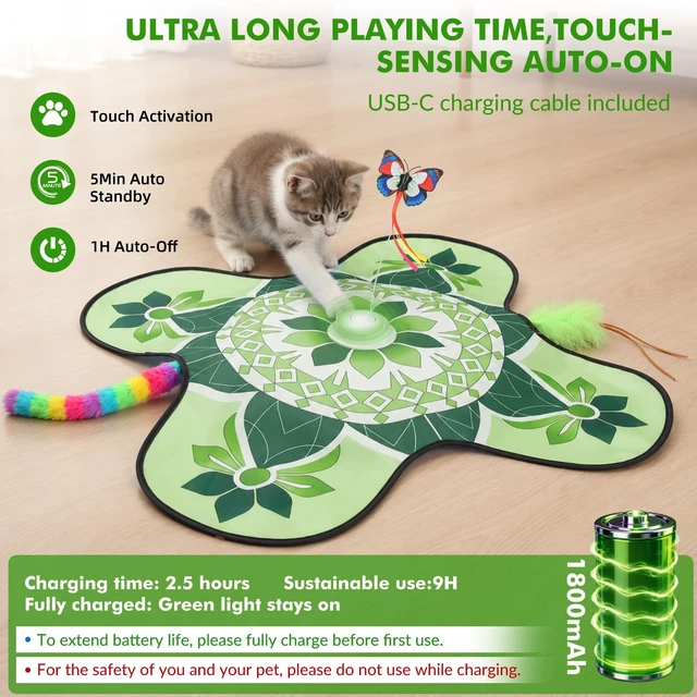 Alt view image 4 of 6 - Interactive Cat Toys for Indoor Cats, Automatic Cat Toy, Green | Moving Concealed Wand Feather,Automatic Fluttering Butterfly,Cat Stimulation,Touch Activated,Mouse Squeaky,1800mAh Battery