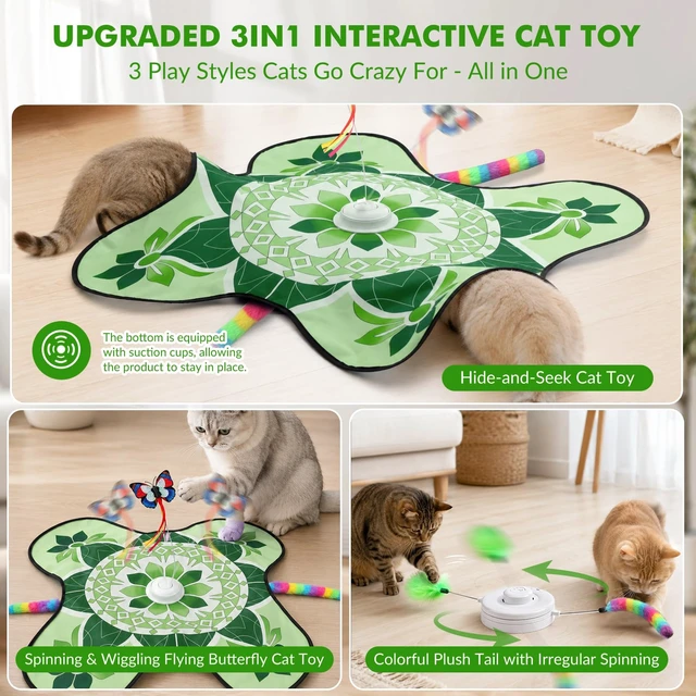 Alt view image 3 of 6 - Interactive Cat Toys for Indoor Cats, Automatic Cat Toy, Green | Moving Concealed Wand Feather,Automatic Fluttering Butterfly,Cat Stimulation,Touch Activated,Mouse Squeaky,1800mAh Battery