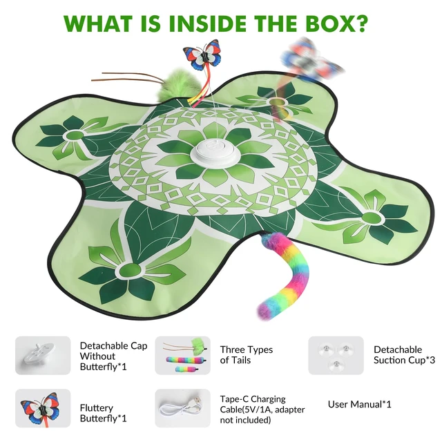 Alt view image 6 of 6 - Interactive Cat Toys for Indoor Cats, Automatic Cat Toy, Green | Moving Concealed Wand Feather,Automatic Fluttering Butterfly,Cat Stimulation,Touch Activated,Mouse Squeaky,1800mAh Battery