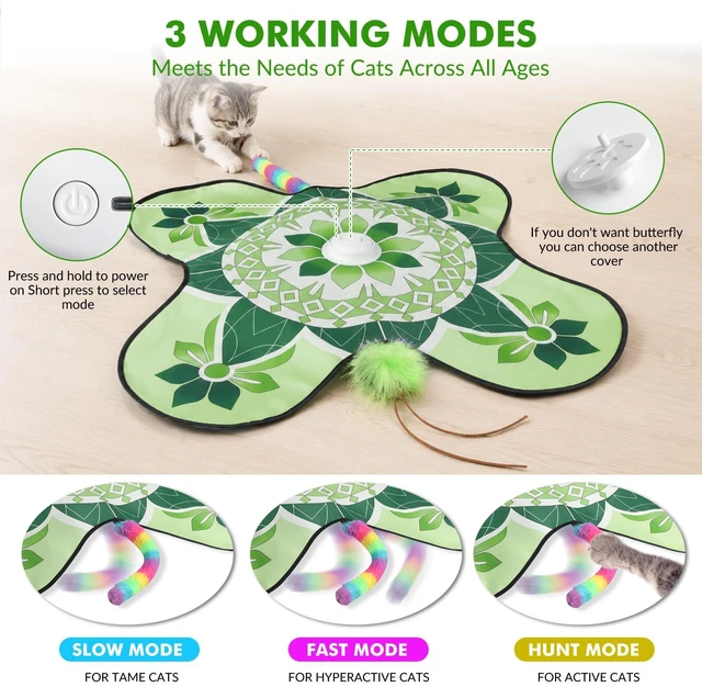 Alt view image 2 of 6 - Interactive Cat Toys for Indoor Cats, Automatic Cat Toy, Green | Moving Concealed Wand Feather,Automatic Fluttering Butterfly,Cat Stimulation,Touch Activated,Mouse Squeaky,1800mAh Battery