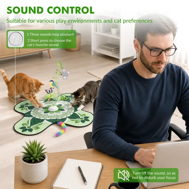 Alt view image 5 of 6 - Interactive Cat Toys for Indoor Cats, Automatic Cat Toy, Green | Moving Concealed Wand Feather,Automatic Fluttering Butterfly,Cat Stimulation,Touch Activated,Mouse Squeaky,1800mAh Battery