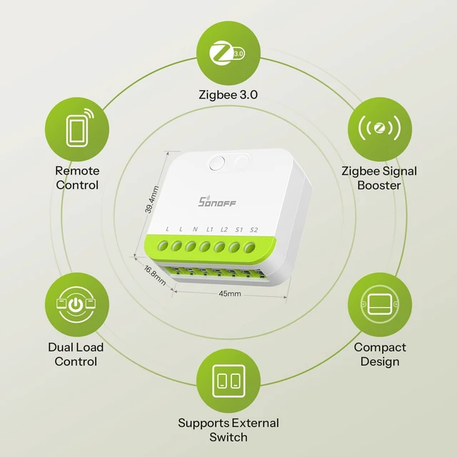 Alt view image 3 of 6 - MINI Duo 2-Channel Zigbee Smart Switch, Zigbee 3.0, 16A Total Load, Remote & Automated Control via Zigbee Hub, Neutral Required, Alexa/Google Assistant Compatible, 1-Pack