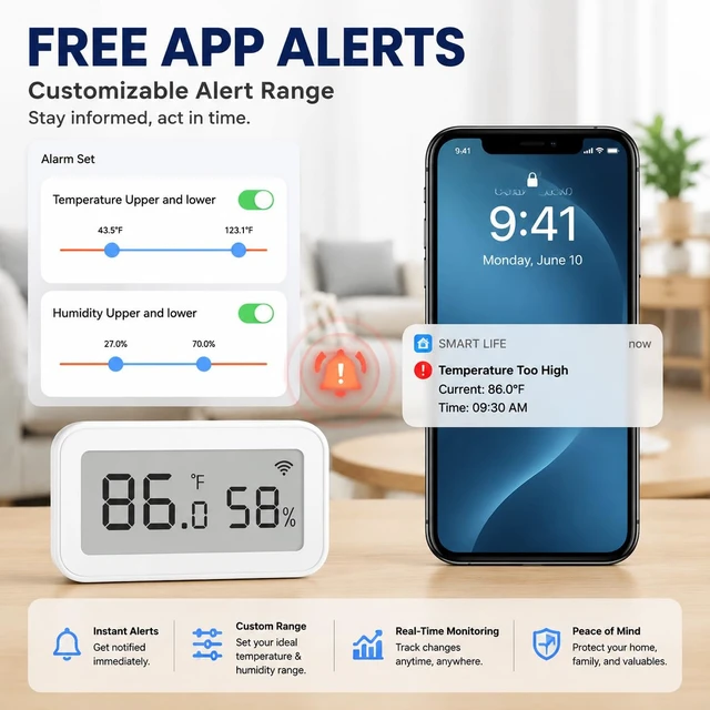 Alt view image 2 of 7 - WiFi Temperature Humidity Sensor with App Alerts, LCD Display | Remote Monitoring, Custom Alerts, Calibration & Data Logging for Home, Greenhouse, Reptile and Wine Cellar