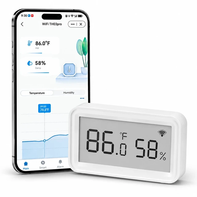 Main image of WiFi Temperature Humidity Sensor with App Alerts, LCD Display | Remote Monitoring, Custom Alerts, Calibration & Data Logging for Home, Greenhouse, Reptile and Wine Cellar