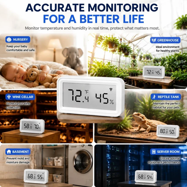 Alt view image 7 of 7 - WiFi Temperature Humidity Sensor with App Alerts, LCD Display | Remote Monitoring, Custom Alerts, Calibration & Data Logging for Home, Greenhouse, Reptile and Wine Cellar