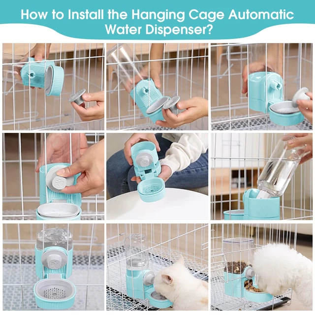 Alt view image 4 of 7 - Hanging Cage Auto Small Pet Feeder Waterer Set for Puppy Cats, Blue | 1.2L Self-Feeding Feeder, 0.52L Waterer Set, Non-Spill Auto Gravity Kennel Feeding Station For Puppy Cats Rabbit Ferret
