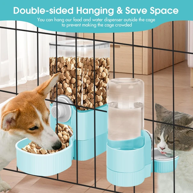 Alt view image 6 of 7 - Hanging Cage Auto Small Pet Feeder Waterer Set for Puppy Cats, Blue | 1.2L Self-Feeding Feeder, 0.52L Waterer Set, Non-Spill Auto Gravity Kennel Feeding Station For Puppy Cats Rabbit Ferret