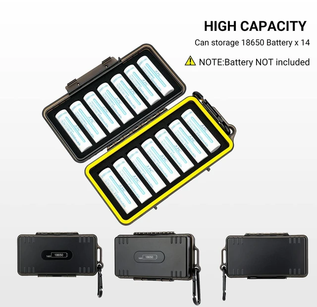 Alt view image 7 of 7 - 14 Slots 18650 Battery Case with Carabiner, Water-Resistant and Shockproof Battery Storage for 14 x 18650, 18650 Organizer Box