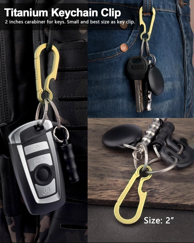 Alt view image 3 of 7 - Titanium Carabiner Keychain Clip for Keys, 2/2.6 Inch Small | Heavy Duty, Key Holder, Quick Release, Ultra Light, Bottle Opener, Hypoallergenic, Valentines Day Gift for Him Men