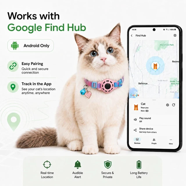 Alt view image 2 of 7 - Cat Tracker GPS for Android, Pet GPS Tracker Collar for Cats No Subscription, IP67 Waterproof Cat Collar with Tracker Compatible with Google Find Hub Replaceable 1-Year Battery, Android Only (Pink)