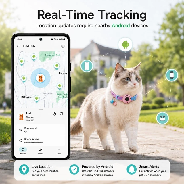 Alt view image 3 of 7 - Cat Tracker GPS for Android, Pet GPS Tracker Collar for Cats No Subscription, IP67 Waterproof Cat Collar with Tracker Compatible with Google Find Hub Replaceable 1-Year Battery, Android Only (Pink)