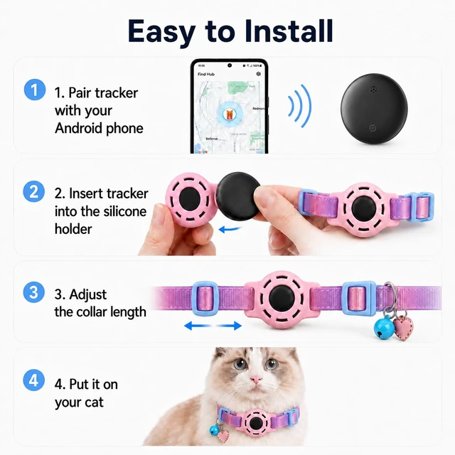 Alt view image 7 of 7 - Cat Tracker GPS for Android, Pet GPS Tracker Collar for Cats No Subscription, IP67 Waterproof Cat Collar with Tracker Compatible with Google Find Hub Replaceable 1-Year Battery, Android Only (Pink)