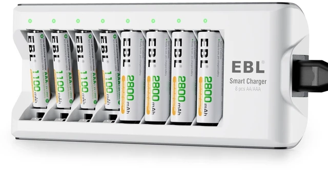 Main image of 8-Bay Smart Charger + 4AA 2800mAh & 4AAA 1100mAh Rechargeable Batteries | Smart individual charging. Pre-charged batteries ready to use. Long-lasting 1200 cycles. Ideal for toys, cameras, flashlights
