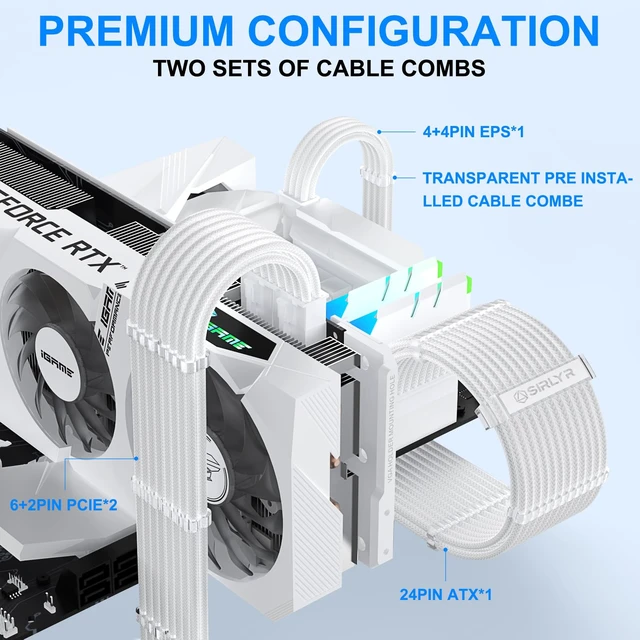 Alt view image 5 of 7 - White 16AWG PSU Cable Extension Kit,24/8Pin,Pre-Install Combs | Sleeved Cables,Gold-plated PCIe Connectors,includes 24Pin ATX,8Pin EPS,Dual PCIe,with Pre-installed&Extra Combs